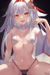Rule 34 | 1girl, :d, absurdres, bare shoulders, bikini, black bikini, breasts, cameltoe, chinese commentary, clothing cutout, commentary request, do2mi doreimi, fenrir (tower of fantasy), groin, hairband, halterneck, hand up, heart cutout, highres, long hair, looking at viewer, mismatched bikini, mixed-language commentary, navel, off shoulder, open mouth, orange eyes, sitting, small breasts, smile, solo, spread legs, stomach, string bikini, swimsuit, thick eyebrows, thighs, tower of fantasy, very long hair, white bikini, white hair