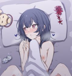 Rule 34 | 1girl, black hair, blanket, blush, commentary request, idolmaster, idolmaster shiny colors, looking away, lying, medium hair, middle w, morino rinze, nipples, on back, parted lips, pillow, red eyes, solo, used tissue, w, wasabi (wasalongt)