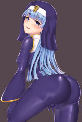 Rule 34 | 1girl, absurdres, ass, back, blue bodysuit, blue eyes, blue gloves, blue hair, blush, bodysuit, breasts, gloves, highres, large breasts, long hair, long sleeves, looking at viewer, looking back, mole, mole under eye, open mouth, original, satosi, smile, solo, thighs