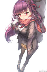 Rule 34 | 1girl, adjusting scarf, artist name, black pantyhose, blush, boots, breasts, breath, coat, dduck kong, girls&#039; frontline, hair ribbon, hand in pocket, highres, large breasts, long hair, looking at viewer, necktie, official alternate costume, one side up, open mouth, pantyhose, plaid, plaid skirt, pleated skirt, purple hair, red eyes, red necktie, ribbon, scarf, shirt, simple background, skirt, snowflake print, solo, very long hair, wa2000 (date in the snow) (girls&#039; frontline), wa2000 (girls&#039; frontline), weapon bag, white background, white shirt