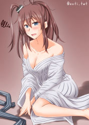 Rule 34 | 1girl, anti (untea9), bath yukata, blue eyes, breasts, brown background, brown hair, cleavage, commentary request, gradient background, hair between eyes, highres, japanese clothes, kantai collection, kimono, long hair, looking at viewer, medium breasts, ponytail, saratoga (kancolle), side ponytail, sidelocks, sitting, smokestack, smokestack hair ornament, solo, squiggle, striped clothes, striped kimono, wariza, yukata