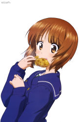 Rule 34 | 10s, 1girl, absurdres, arm up, brown eyes, brown hair, coat, eating, food, girls und panzer, highres, looking at viewer, nishizumi miho, official art, ooarai school uniform, open mouth, school uniform, sugimoto isao, taiyaki, wagashi, white background, winter clothes, winter coat