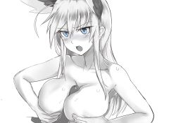 Rule 34 | 1boy, 1girl, ahoge, animal ears, armpit peek, blue eyes, blush, breasts, collarbone, greyscale, hanna-justina marseille, head wings, hetero, highres, ito (i too04), large breasts, long hair, looking down, monochrome, no bra, open mouth, paizuri, partially colored, penis, simple background, strike witches, sweat, tongue, topless, wing ears, wings, witches of africa, world witches series