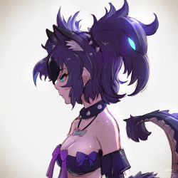 Rule 34 | 10s, 1girl, animal ears, bare shoulders, belt bra, black hair, blue eyes, blue hair, bow, breasts, cerberus (kemono friends), cleavage, collar, collarbone, commentary request, dog ears, elbow gloves, extra ears, gloves, glowing, kemono friends, lizard tail, medium breasts, multicolored hair, name tag, profile, purple hair, short hair, sleeveless, solo, spiked collar, spikes, tail, takami masahiro, twintails, upper body