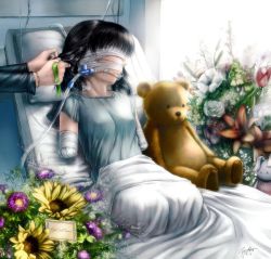 Rule 34 | 1girl, amputee, bandages, bed, breasts, card, flower, hospital, hospital bed, jpeg artifacts, non-web source, original, quadruple amputee, s zenith lee, saliva, solo focus, stuffed animal, stuffed toy, tears, teddy bear, tube