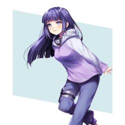 Rule 34 | 1girl, aqua background, arm at side, arm behind back, artist name, blunt bangs, blunt ends, blush, closed mouth, commentary, denim, english commentary, feet out of frame, fishnet top, fishnets, full-length zipper, grey hoodie, hood, hoodie, hyuuga hinata, jeans, leaning to the side, light smile, long hair, long sleeves, looking at viewer, multicolored background, multicolored clothes, multicolored hoodie, naruto (series), naruto shippuuden, no pupils, pants, purple eyes, purple hair, purple hoodie, sasucchi95, side ahoge, sidelocks, simple background, solo, standing, standing on one leg, two-tone background, two-tone hoodie, white background, zipper, zipper pull tab