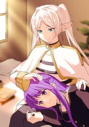 Rule 34 | 2girls, absurdres, aqua eyes, blunt bangs, blurry, blurry background, blush, closed mouth, commentary request, cuckoo ki, day, earrings, elf, eyelashes, fern (sousou no frieren), frieren, half updo, headpat, highres, indoors, jewelry, lap pillow, light particles, long hair, long sleeves, looking at another, looking down, lying, multiple girls, on bed, on side, pantyhose, pointy ears, purple eyes, purple hair, sidelighting, sidelocks, sitting, sketch, smile, sousou no frieren, split mouth, sunlight, thick eyebrows, tsurime, twintails, white hair, wide sleeves