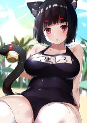 Rule 34 | 1girl, :o, absurdres, animal ears, azur lane, bare shoulders, black hair, blush, breasts, cat ears, cat tail, collarbone, commentary, cotton kanzaki, highres, large breasts, looking at viewer, parted lips, pink eyes, school swimsuit, short hair, sitting, solo, sunlight, sweat, swimsuit, tail, thick thighs, thighs, white legwear, yamashiro (azur lane), yamashiro (summer offensive?) (azur lane)