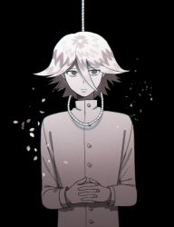 Rule 34 | 1boy, black background, closed mouth, commentary request, danganronpa (series), danganronpa v3: killing harmony, expressionless, foreshortening, greyscale, hair between eyes, highres, imminent suicide, interlocked fingers, jacket, long sleeves, looking at viewer, male focus, monochrome, oma kokichi, petals, rope, short hair, silver hair, solo, suicide, upper body, wonchul