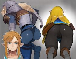 Rule 34 | 1boy, 2girls, all fours, ass, ass focus, bent over, blonde hair, blue eyes, cameltoe, cleft of venus, from behind, leggings, link, long hair, multiple girls, nintendo, pants, pointy ears, princess zelda, raichiyo, sheik, simple background, sketch, skin tight, the legend of zelda, the legend of zelda: breath of the wild, the legend of zelda: ocarina of time, thong, tight clothes, tight pants