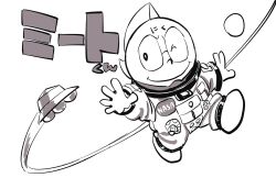 Rule 34 | 1boy, alexandria meat, astronaut, floating, highres, kinnikuman, looking at viewer, mask, monochrome, smile, spacecraft, spacesuit, sushio, translation request, white background, wrestling, wrestling mask