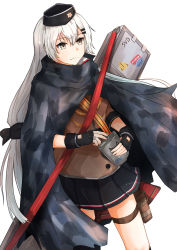 Rule 34 | 1girl, absurdres, black gloves, black hat, black skirt, brown jacket, camouflage, camouflage cloak, cloak, closed mouth, flask, girls&#039; frontline, gloves, grey eyes, grey hair, hair ribbon, hat, highres, holding, holding flask, huge filesize, jacket, jewelry, leg holster, long hair, looking away, military, military hat, muteppona hito, partially fingerless gloves, ribbon, ring, skirt, solo, svd (girls&#039; frontline), tape, weapon case, white background