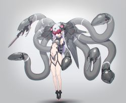 Rule 34 | 1girl, absurdres, arms behind back, blade, bound, bound arms, breasts, bridal legwear, commentary, earrings, english commentary, floating, full body, grey background, head-mounted display, highres, jewelry, long hair, mecha musume, mechanical tentacles, navel, oota youjo, original, plantar flexion, pointy ears, revealing clothes, science fiction, small breasts, solo, tube, white hair