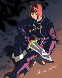 Rule 34 | 1boy, absurdres, ashton anchors, brown hair, closed mouth, full body, gauntlets, grass, green eyes, headband, highres, looking at viewer, looking to the side, male focus, multiple swords, shiohi, short hair, short sword, solo, star ocean, star ocean the second story, sword, weapon