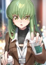 Rule 34 | 1girl, :d, alternate costume, black sweater, blurry, blurry background, breasts, brown coat, c.c., cleavage, cleavage cutout, clothing cutout, coat, code geass, creayus, cup, depth of field, disposable cup, earrings, green hair, hair between eyes, highres, holding, holding cup, id card, jewelry, long hair, long sleeves, medium breasts, meme attire, open-chest sweater, open clothes, open coat, open mouth, pov, shirt, smile, solo, straight hair, sweater, upper body, very long hair, white shirt, yellow eyes