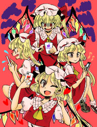 Rule 34 | 4girls, blonde hair, cellphone, clone, flandre scarlet, four of a kind (touhou), hat, heart, highres, iphone, komaku juushoku, multiple girls, multiple persona, musical note, one eye closed, phone, red eyes, short hair, side ponytail, smartphone, touhou, wings