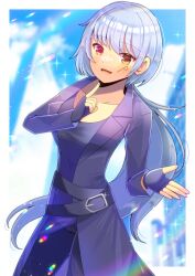 Rule 34 | 1girl, :d, amelia pendragon, black gloves, black pants, black shirt, blurry, blurry background, blush, breasts, brown eyes, coat, collarbone, commentary request, depth of field, facial mark, fingerless gloves, gloves, grey hair, hand up, heterochromia, indie virtual youtuber, kou hiyoyo, long hair, long sleeves, medium breasts, open clothes, open coat, open mouth, pants, purple coat, red eyes, shirt, smile, solo, very long hair, virtual youtuber