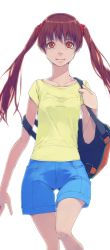 Rule 34 | 1girl, akinbo (hyouka fuyou), backpack, bag, blue shorts, brown eyes, brown hair, collarbone, floating hair, hair ornament, highres, long hair, looking at viewer, precure, precure all stars new stage: mirai no tomodachi, sakagami ayumi, shirt, short sleeves, shorts, simple background, smile, solo, standing, twintails, white background, yellow shirt
