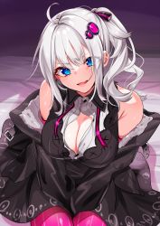 Rule 34 | 1girl, ahoge, bare shoulders, bed sheet, between legs, black dress, black jacket, blue eyes, breasts, cleavage, collared shirt, dress, fang, grey hair, hair between eyes, hair ornament, hand between legs, highres, jacket, kizuna akari, long hair, long sleeves, looking at viewer, medium breasts, off shoulder, open clothes, open jacket, pantyhose, parted lips, partially unbuttoned, pink pantyhose, ponytail, prototype design, shirt, sidelocks, sitting, sleeveless, sleeveless dress, solo, striped clothes, striped pantyhose, vertical-striped clothes, vertical-striped pantyhose, voiceroid, white shirt, yodare (3yami8)