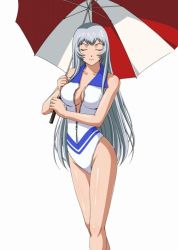 Rule 34 | 1girl, breasts, chouun shiryuu, cleavage, closed eyes, collarbone, highleg, highleg leotard, holding, holding umbrella, ikkitousen, leotard, light smile, long hair, looking at viewer, medium breasts, partially unzipped, race queen, shiny skin, silver hair, simple background, solo, standing, straight hair, striped umbrella, umbrella, very long hair, white background, white leotard, zipper