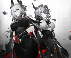 Rule 34 | 2girls, absurdres, arknights, backlighting, black dress, black gloves, black hair, black skirt, breasts, center frills, closed mouth, cowboy shot, dragon horns, dress, fingerless gloves, frilled shirt, frills, gloves, grey eyes, hair intakes, hair over one eye, high-waist skirt, highres, horns, impossible clothes, impossible dress, jewelry, kashyna (arknights), large breasts, looking at viewer, looking down, multicolored hair, multiple girls, multiple rings, one eye covered, own hands together, red gloves, ring, shirt, silver hair, skirt, streaked hair, talulah (arknights), white shirt, yushe quetzalli
