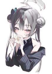 Rule 34 | 1-gou (111touban), 1girl, absurdres, black dress, black hair, blue archive, braid, braided bun, butterfly hair ornament, china dress, chinese clothes, cropped torso, double bun, dress, eating, food, grey eyes, hair between eyes, hair bun, hair ornament, halo, hands up, highres, holding, holding food, kisaki (blue archive), long sleeves, looking at viewer, off shoulder, simple background, sleeveless, sleeveless dress, solo, twintails, upper body, white background