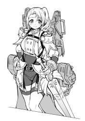 Rule 34 | 1girl, armor, bodystocking, character request, faulds, greyscale, hand on hilt, mecha musume, monochrome, original, over-kneehighs, over shoulder, pas (paxiti), short twintails, solo, sword, thighhighs, twintails, weapon, weapon over shoulder