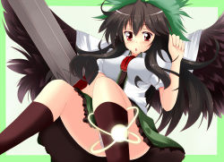 Rule 34 | 1girl, arm cannon, armor, between breasts, bird wings, black hair, black socks, black wings, blouse, blush, bow, breasts, cannon, cape, frilled skirt, frills, greaves, green skirt, hair ribbon, kneehighs, large breasts, light, light particles, light trail, long hair, nitoridio, open mouth, puffy sleeves, red eyes, reiuji utsuho, ribbon, shirt, short sleeves, skirt, socks, solo, third eye, touhou, weapon, white shirt, wings