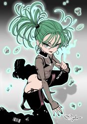 Rule 34 | 1girl, :d, absurdres, ass, bikini, black bikini, breasts, earrings, floating, floating object, green eyes, green hair, highres, jewelry, kneeling, looking at viewer, maho malice, necklace, nipples, one-punch man, open mouth, see-through, side ponytail, sleeves past wrists, small breasts, smile, solo, swimsuit, tatsumaki, telekinesis