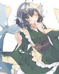 Rule 34 | 1girl, absurdres, air bubble, animal ears, blue eyes, blue hair, breasts, bubble, collarbone, cowboy shot, drill hair, drill sidelocks, fins, frilled kimono, frills, green kimono, hand to own mouth, head fins, higa (gominami), highres, japanese clothes, kimono, kneeless mermaid, long sleeves, looking at viewer, medium breasts, mermaid, monster girl, obi, one eye closed, sash, sidelocks, solo, squeans, touhou, wakasagihime, white background, wide sleeves, wolf ears, yawning