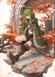 Rule 34 | 1girl, absurdres, arch, arknights, autumn leaves, black footwear, black shorts, boots, cape, commentary, crocodilian tail, full body, gavial (arknights), gavial (combat medic) (arknights), green cape, green hair, highres, holding, holding staff, holding tail, jumbowhopper, official alternate costume, outdoors, pointy ears, shorts, sidelocks, sitting, solo, staff, tail, thigh boots, thighhighs, yellow eyes