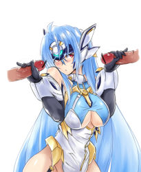 Rule 34 | 00s, 1girl, android, armor, bare shoulders, black gloves, blue hair, blush, breasts, censored, cleavage, cleavage cutout, clothing cutout, disembodied penis, double handjob, elbow gloves, gloves, group sex, handjob, heart, kos-mos, kos-mos ver. 4, large breasts, long hair, mmf threesome, multiple penises, negresco, penis, pinky out, red eyes, threesome, underboob, very long hair, xenosaga, xenosaga episode iii