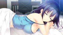 Rule 34 | 1girl, bare shoulders, bed, bed sheet, black hair, blanket, breasts, camisole, chair, cleavage, courreges ace, closed eyes, female focus, game cg, goshogawara yuuki, highres, large breasts, long hair, sleeping, solo, strap slip, table, watashi ga suki nara &quot;suki&quot; tte itte!
