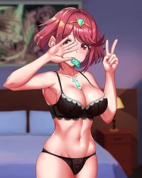 Rule 34 | 1girl, blush, breasts, commentary, gem, hair ornament, headpiece, highres, indoors, jewelry, lamp, large breasts, lingerie, nail polish, nemunemu semi, nintendo, painting (object), pyra (xenoblade), red eyes, red hair, room, shiny skin, short hair, shy, skindentation, smile, solo, table, tiara, underwear, xenoblade chronicles (series), xenoblade chronicles 2