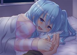 Rule 34 | 1boy, 1girl, bed, blue eyes, blue hair, blush, breasts, hatsune miku, kusoyuridanchi, long hair, night, open mouth, pillow, smile, vocaloid