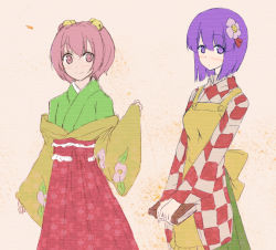 Rule 34 | 2girls, apron, bell, book, cosplay, costume switch, hair bell, hair ornament, hieda no akyuu, hieda no akyuu (cosplay), japanese clothes, kimono, kionaisiteru, motoori kosuzu, motoori kosuzu (cosplay), multiple girls, purple eyes, purple hair, red eyes, red hair, simple background, touhou, twintails, two side up