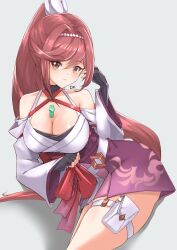 Rule 34 | 1girl, breasts, cleavage, criss-cross halter, deekei, glimmer (xenoblade), hairband, halterneck, high ponytail, highres, japanese clothes, kimono, large breasts, obi, pouch, red hair, sash, smile, solo, swept bangs, thigh pouch, two-tone hairband, white kimono, xenoblade chronicles (series), xenoblade chronicles 3, xenoblade chronicles 3: future redeemed