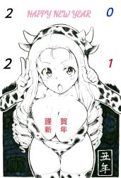Rule 34 | 1girl, 2021, animal ears, animal print, arm warmers, bikini, breasts, chinese zodiac, cleavage, commentary request, cow ears, cow horns, cow print, cowboy shot, drill hair, english text, fake animal ears, fake horns, girls und panzer, happy new year, horns, large breasts, leaning forward, long hair, looking at viewer, marie (girls und panzer), navel, new year, open mouth, print bikini, sawamin, solo, standing, swimsuit, thigh gap, thighhighs, year of the ox