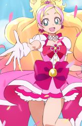Rule 34 | 1girl, :d, blonde hair, blue eyes, bow, choker, cure flora, earrings, gloves, go! princess precure, gradient hair, haruno haruka, jewelry, long hair, looking at viewer, magical girl, multicolored hair, oimanji, open mouth, petals, pink bow, pink hair, precure, smile, solo, two-tone hair, waist bow, white gloves