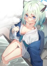 Rule 34 | 1girl, animal ears, aqua hair, bath yukata, blue archive, blush, bottomless, breasts, female pubic hair, gradient hair, highres, holding, japanese clothes, kimono, light green hair, looking at viewer, low twintails, medium breasts, multicolored hair, off shoulder, onsen, open clothes, pubic hair, purple eyes, shigure (blue archive), shigure (hot spring) (blue archive), sho bu 1116, sitting, snow, soaking feet, solo, tail, twintails, wakamezake, water, wet, wide sleeves, yukata