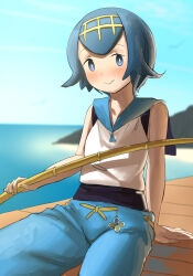 Rule 34 | 1girl, arm support, blue eyes, blue hair, blue pants, blue sailor collar, blush, bright pupils, closed mouth, creatures (company), day, fishing rod, game freak, hairband, highres, holding, holding fishing rod, lana (pokemon), looking at viewer, lulumi lumi, nintendo, no sclera, one-piece swimsuit, outdoors, pants, pokemon, pokemon sm, sailor collar, shirt, short hair, sighting, sitting, sleeveless, sleeveless shirt, smile, solo, swimsuit, swimsuit under clothes, white pupils, white shirt, yellow hairband