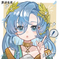 Rule 34 | !, 1girl, 37 (reverse:1999), :o, ancient greek clothes, artist name, blue eyes, blue hair, border, copyright name, elgyuli, gold choker, greco-roman clothes, hair between eyes, hand up, highres, index finger raised, laurel crown, logo, long hair, looking at viewer, notice lines, outside border, procreate (medium), reverse:1999, signature, solo, sparkle, speech bubble, spoken exclamation mark, straight-on, toga, white border, yellow background