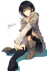 Rule 34 | 10s, 1boy, androgynous, ankle boots, ayamiya fumi, black hair, black legwear, boots, brown eyes, character name, english text, expressionless, eyelashes, feet, foot focus, glasses, gowther, lips, looking at viewer, male focus, nanatsu no taizai, parted lips, shirt, short hair, simple background, sitting, soles, solo, tattoo, toes, torn clothes, torn shirt, white background