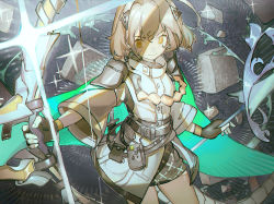 Rule 34 | 1girl, alchemy stars, arrow (projectile), belt, belt pouch, black gloves, black skirt, bow (weapon), brown hair, closed mouth, commentary, cowboy shot, fingerless gloves, gloves, grey jacket, hair ornament, hairclip, holding, holding arrow, holding bow (weapon), holding weapon, jacket, long sleeves, noco (pixiv14976070), pouch, rubber duck, short hair, skirt, smile, solo, sparkle, vice (alchemy stars), weapon, yellow eyes