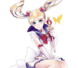 Rule 34 | 1990s (style), 1girl, bad id, bad pixiv id, bishoujo senshi sailor moon, bishoujo senshi sailor moon supers, blonde hair, blue eyes, blue sailor collar, bow, brooch, choker, crescent, double bun, elbow gloves, facial mark, forehead mark, gloves, hair bun, heart, heart brooch, highres, jewelry, kerogi haku, long hair, magical girl, multicolored clothes, multicolored skirt, red bow, retro artstyle, ribbon, sailor collar, sailor moon, skirt, smile, solo, spiral heart moon rod, super sailor moon, tsukino usagi, twintails, wand, white background, white gloves