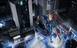 Rule 34 | 1girl, arm support, blue eyes, blue theme, bodysuit, breasts, brown hair, city, city lights, cityscape, from behind, glowing, gun, hair ribbon, handgun, helipad, highres, holding, holding gun, holding weapon, long hair, looking back, night, on top of skyscraper, redjuice, ribbon, science fiction, sitting, small breasts, solo, weapon