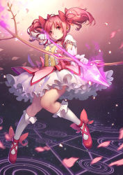 Rule 34 | 10s, 1girl, arrow (projectile), bow (weapon), drawing bow, dress, gloves, holding, holding bow (weapon), holding weapon, index finger raised, kaname madoka, kneehighs, loewy, magic circle, mahou shoujo madoka magica, mahou shoujo madoka magica (anime), petals, pink eyes, pink hair, socks, solo, twintails, weapon, white gloves, white socks