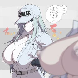 Rule 34 | 1girl, baseball cap, belt, black gloves, blurry, blurry foreground, breast hold, breasts, cabbie hat, collared shirt, colored skin, expressionless, fingerless gloves, gloves, grey belt, hair over one eye, hat, hataraku saibou, hataraku saibou black, highres, huge breasts, long hair, looking down, mikoyan, nipples, open clothes, open shirt, out of frame, shirt, translation request, u-1196, white blood cell (hataraku saibou), white hair, white skin, white uniform