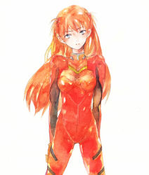 Rule 34 | 1girl, arm behind back, bad id, bad pixiv id, blue eyes, blush, bodysuit, breasts, clenched hand, cowboy shot, female focus, gloves, hair ornament, head tilt, legs apart, long hair, looking at viewer, moha, neon genesis evangelion, orange hair, painting (medium), parted lips, pilot suit, plugsuit, red hair, simple background, small breasts, solo, souryuu asuka langley, traditional media, turtleneck, two side up, watercolor (medium), white background