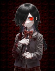 Rule 34 | 1girl, absurdres, ahoge, bags under eyes, black hair, blood, blood on clothes, blood on face, blood on hands, bloody knife, blush, bow, bowtie, braid, buttoned cuffs, closed mouth, collared shirt, diu9you, dress shirt, fingernails, funamusea, grey jacket, hair over one eye, highres, holding, holding knife, jacket, knife, kurai yonaka, long hair, long sleeves, mogeko castle, pale skin, plaid, plaid bow, plaid bowtie, plaid skirt, pleated skirt, red bow, red bowtie, red eyes, red skirt, school uniform, shirt, skirt, slit pupils, smile, solo, split mouth, standing, twin braids, white shirt